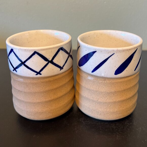 Pair of Vintage Japanese Handcrafted Hand Painted Unglazed & Glazed Pottery Mugs - Picture 8 of 13